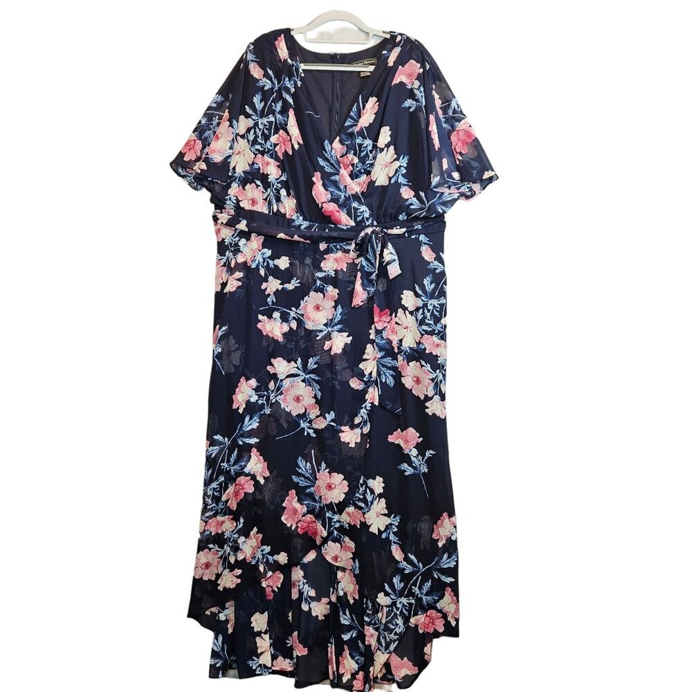 Jessica Howard Maxi dress 16w Hi Low Hem dark blue  floral chiffon overlay tie s